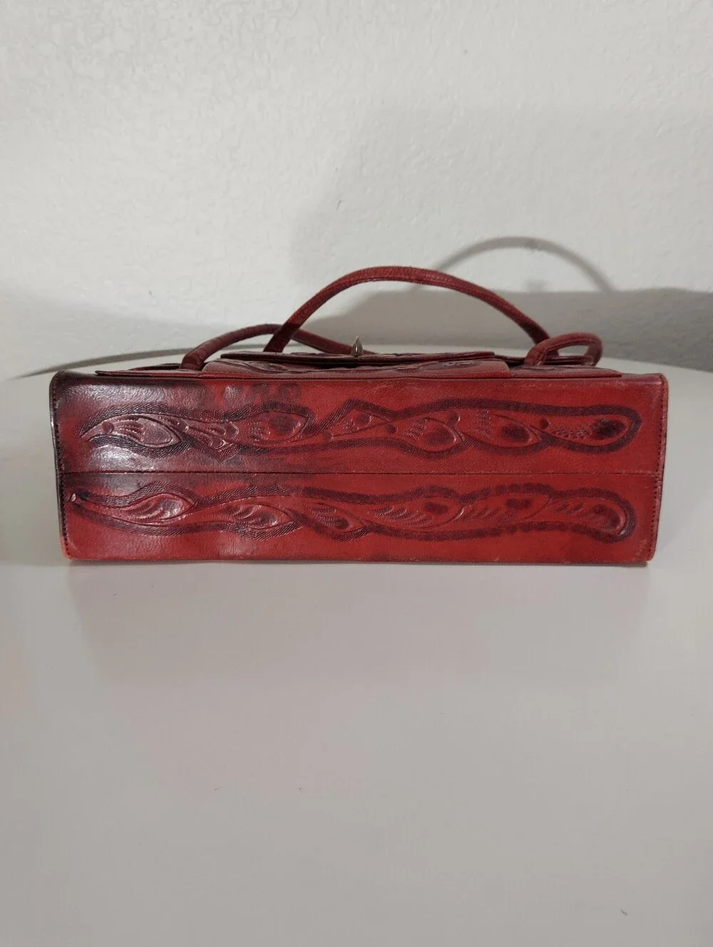 Vintage Red Floral Tooled Leather Mid-Century Artisan Satchel Hand Bag Purse